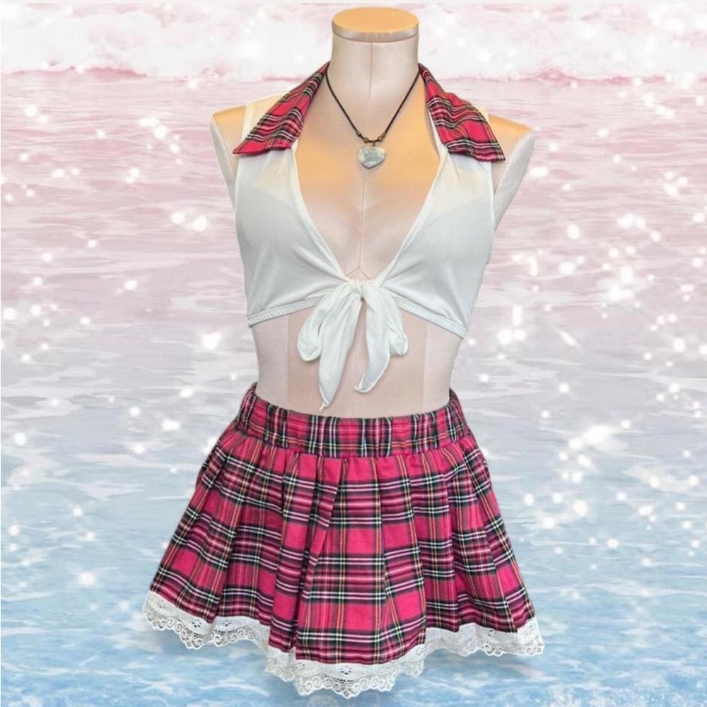 Avidlove sexy pink plaid set - mini skirt with lace trim wrap crop top Size S
